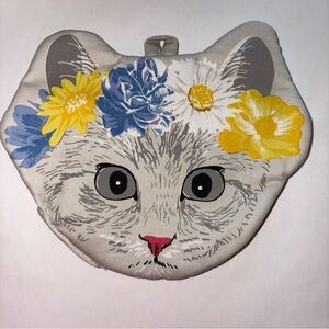 Floral Cat Face Pot Holder with Blue and Yellow Accents